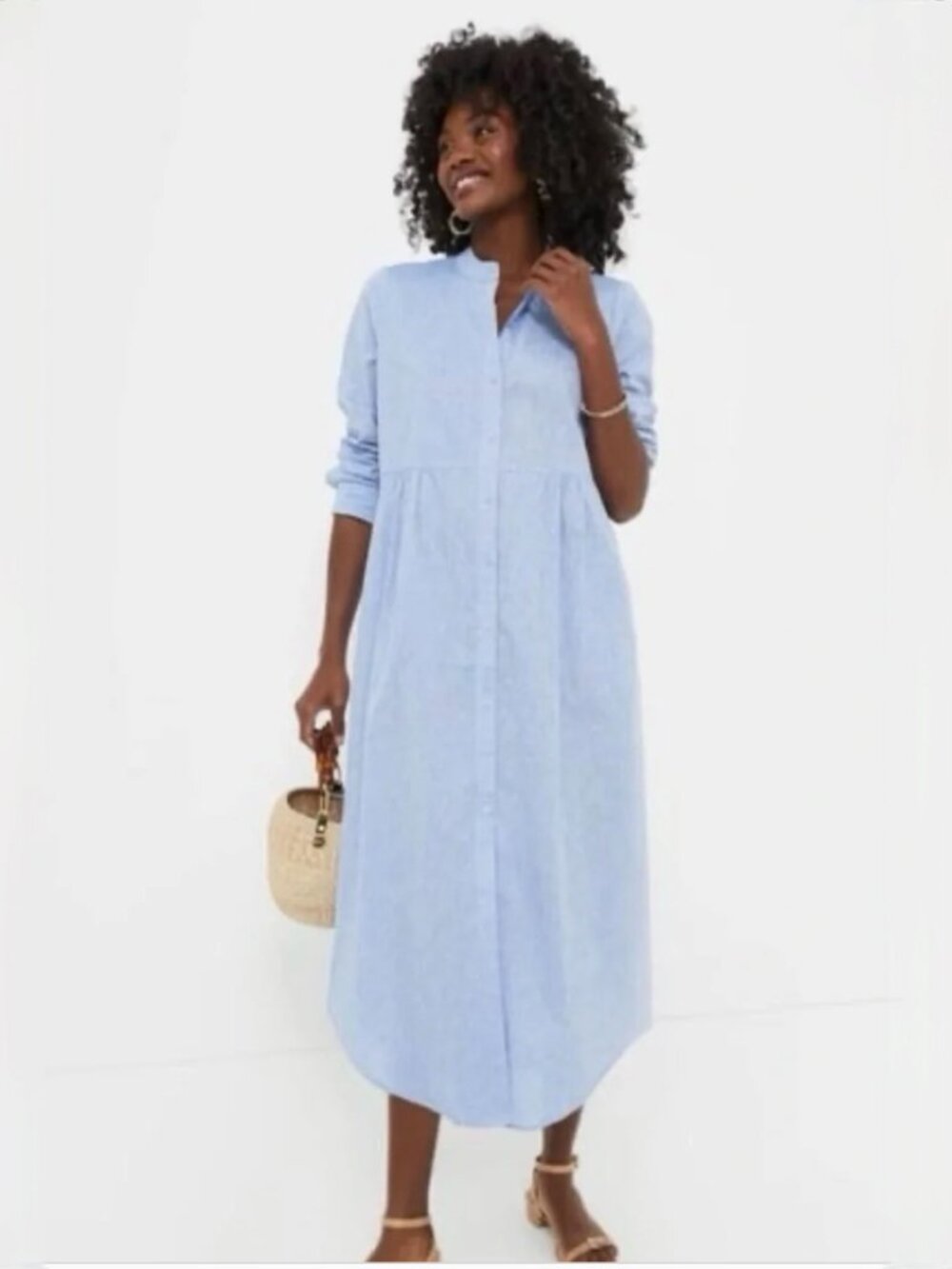 TUCKERNUCK Blue Chambray Midi Cotton Shirt Dress Long Sleeve Size Medium